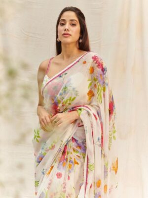 Exclusive White Pure Georgette Digital Printed Saree With Blouse
