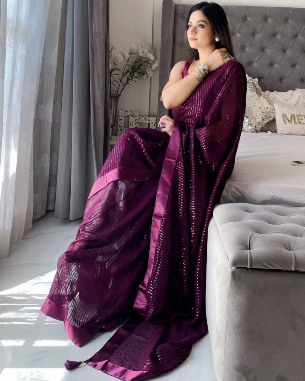 Wine-Pink Ombre Sequin & Zardozi Hand Embroidered Saree – Talking Threads