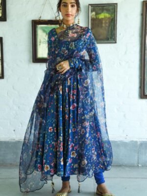 Gorgeous Blue Chanderi Silk Digital Printed Anarkali Suit With Dupatta