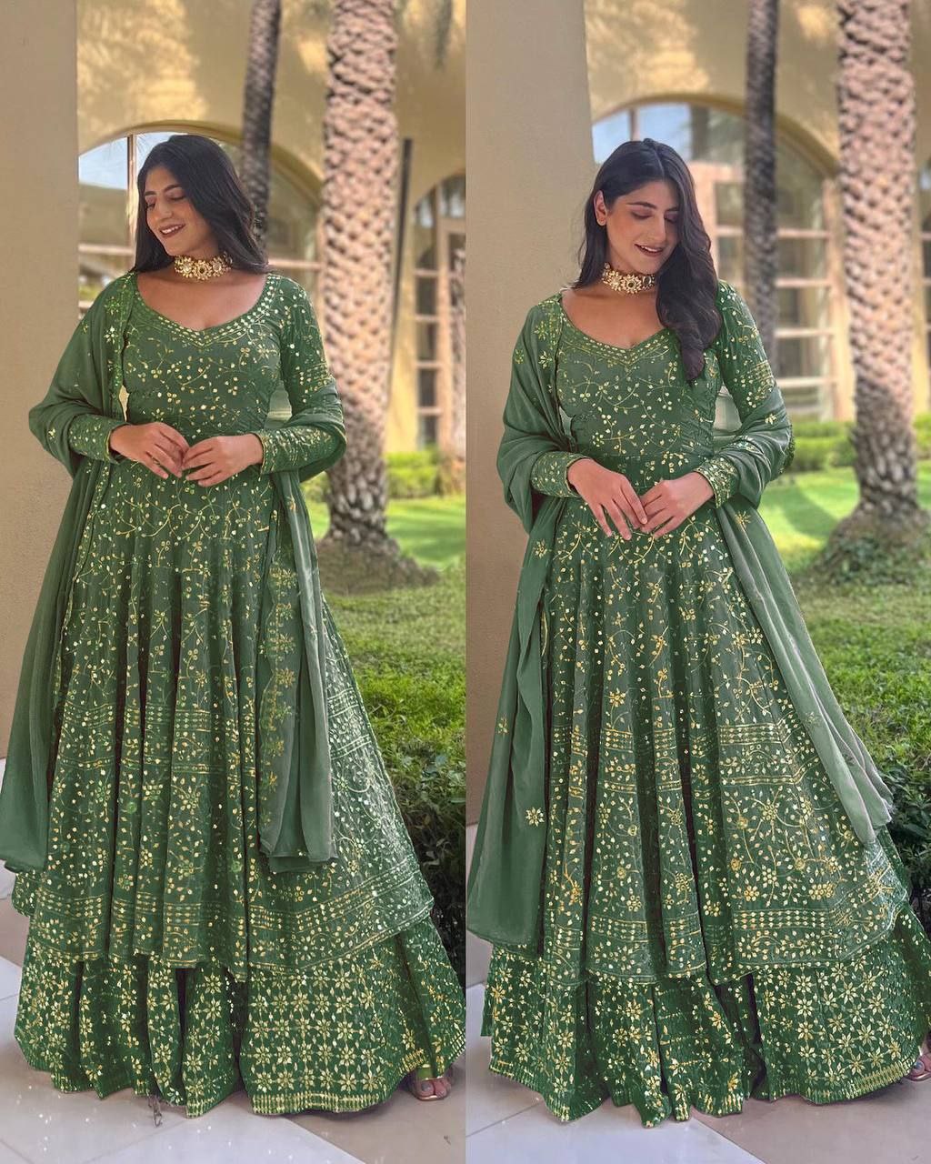 Exclusive Green Georgette Silk Embroidery Work Gown With Dupatta (LQSR1405GREEN)