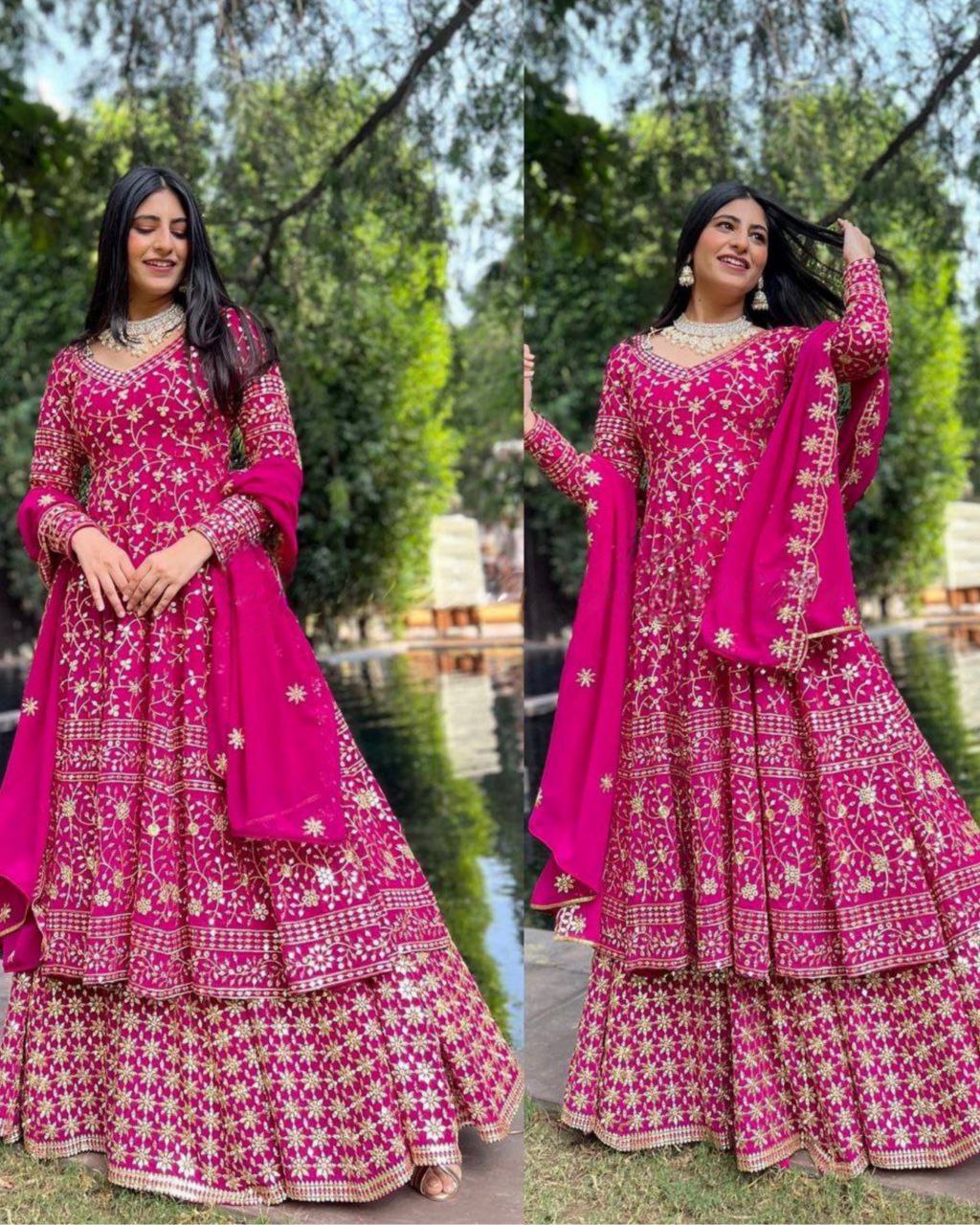 Alluring Rose Pink Georgette Silk Embroidery Work Gown With Dupatta (LQSR1458ROSEPINK)