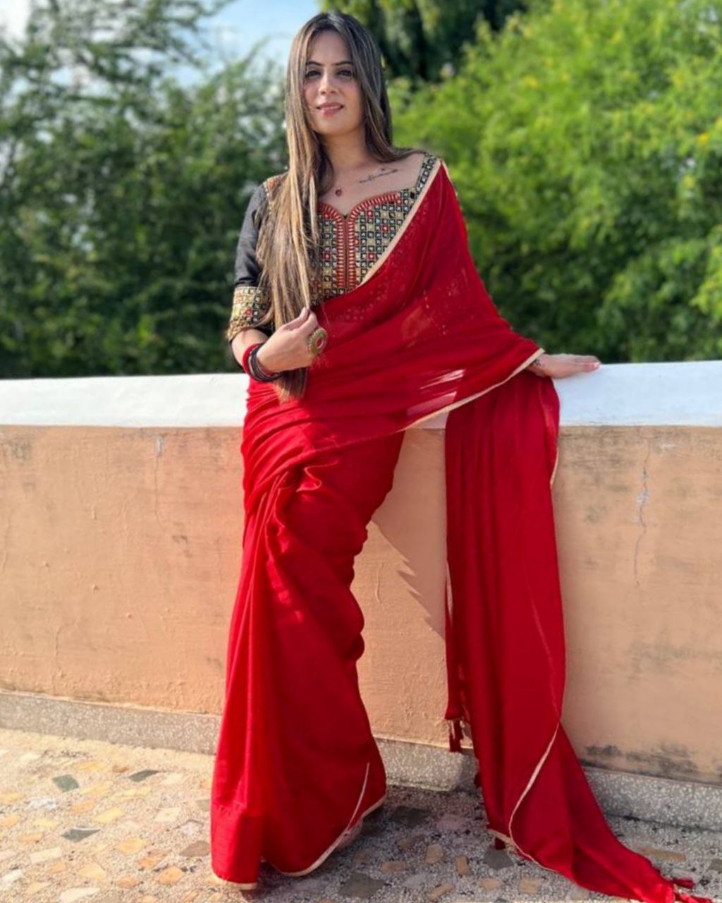 Buy Shaily Red Ready To Wear Saree With Stitched Blouse (Set of 2) online-hancorp34.com.vn