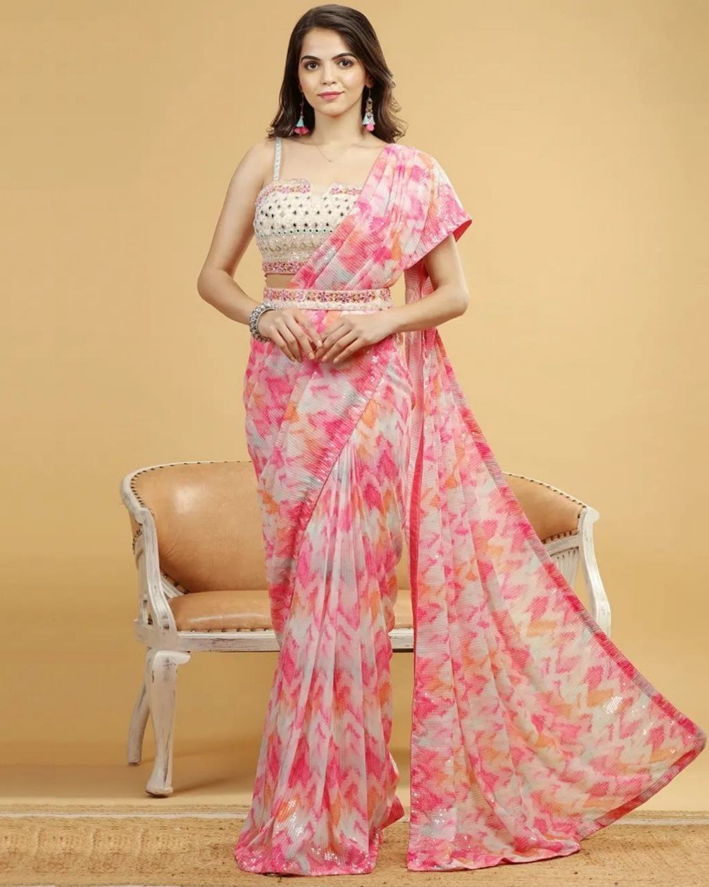 Exclusive Multi Print Pure Georgette Heavy Sequence Work Saree With Blouse & Belt (LQRVNX167)