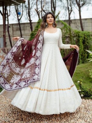 Designer White Georgette Embroidery Work Anarkali Gown With Maroon Printed Dupatta