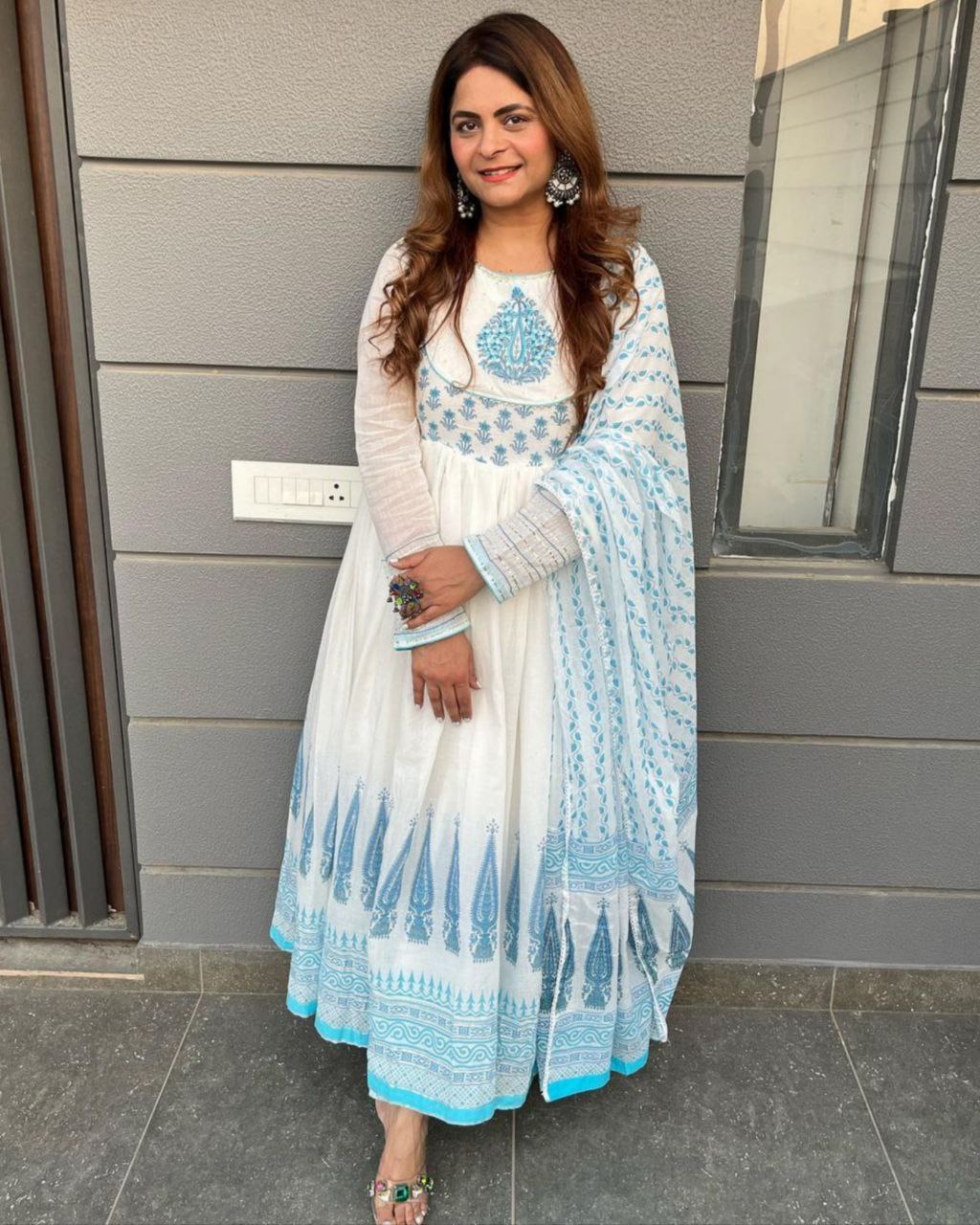 White and blue anarkali 2025