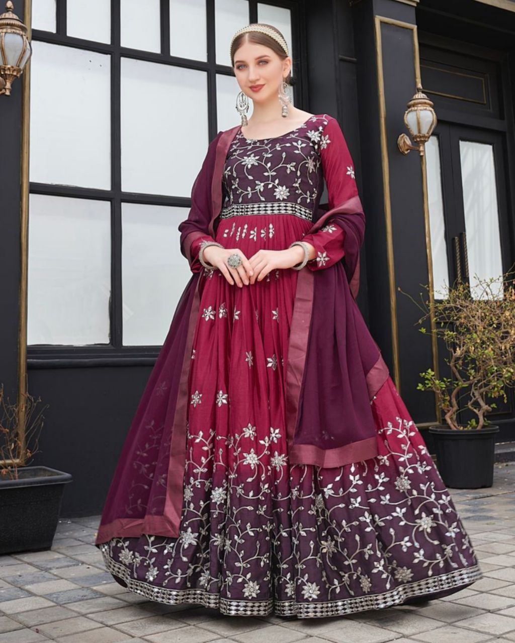 Wine cotton silk dress with embroidered dupatta  set of two by The  Anarkali Shop  The Secret Label