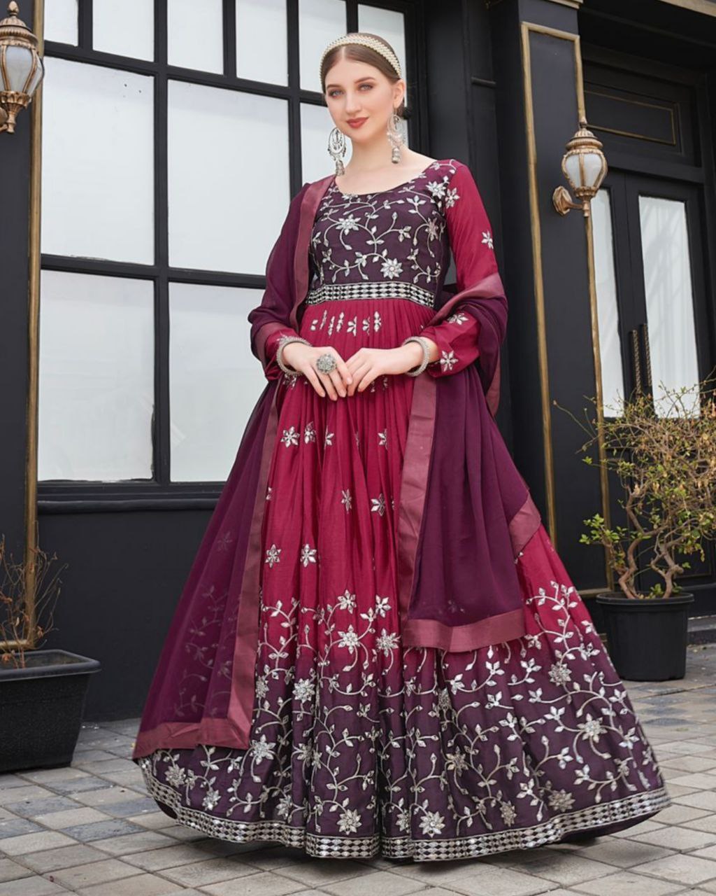 Rani Pink & Wine Georgette Sequence Work Gown & Dupatta