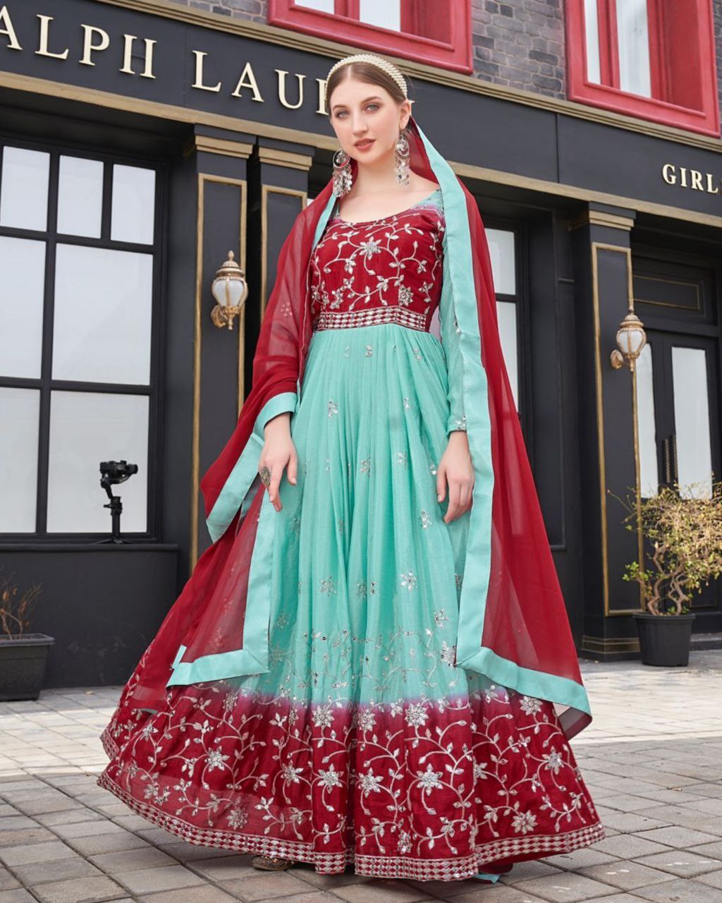 Exclusive Sky & Red Coloured Georgette Sequence Work Gown With Dupatta (LQKD8033SKYRED)