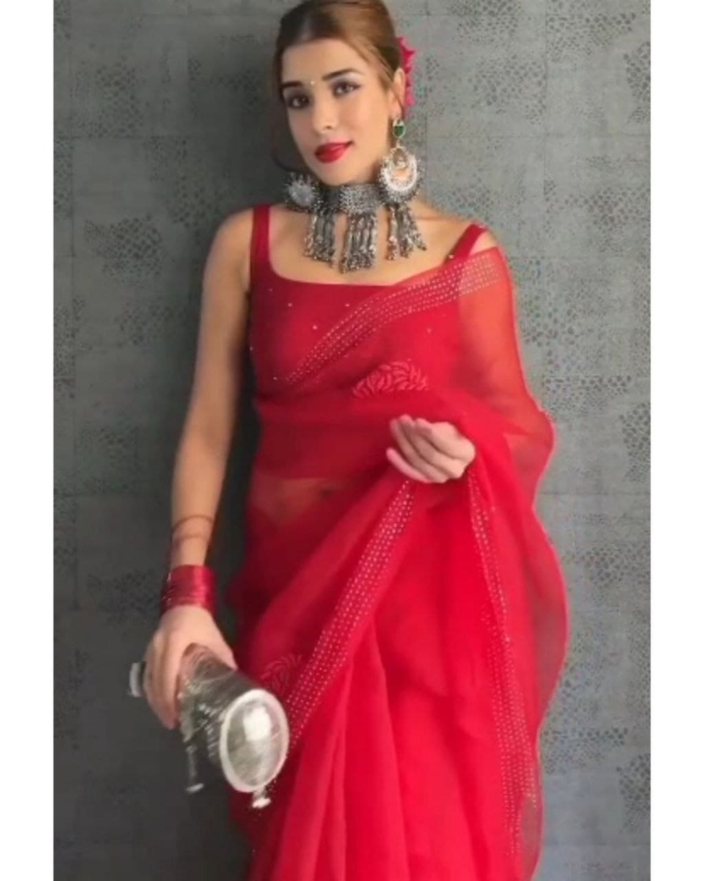 Buy Red Organza Silk Plain Saree With Blouse