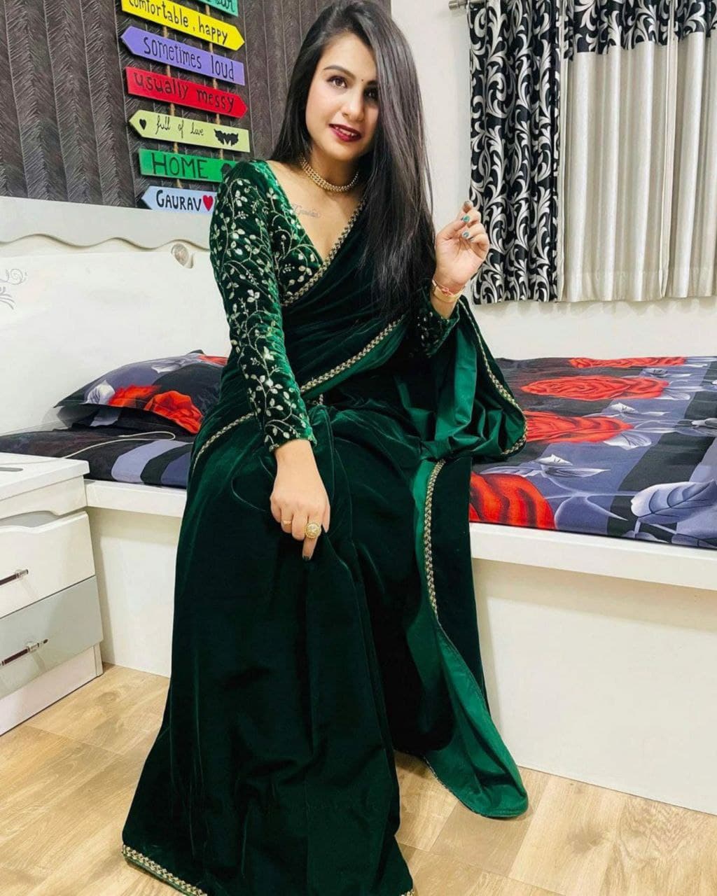 Buy Bottle Green Velvet Embroidery Work Saree With Blouse