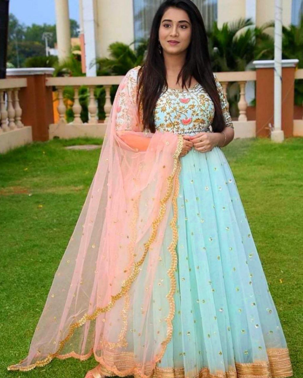 Sky Georgette Embroidery Work Anarkali Gown With Dupatta