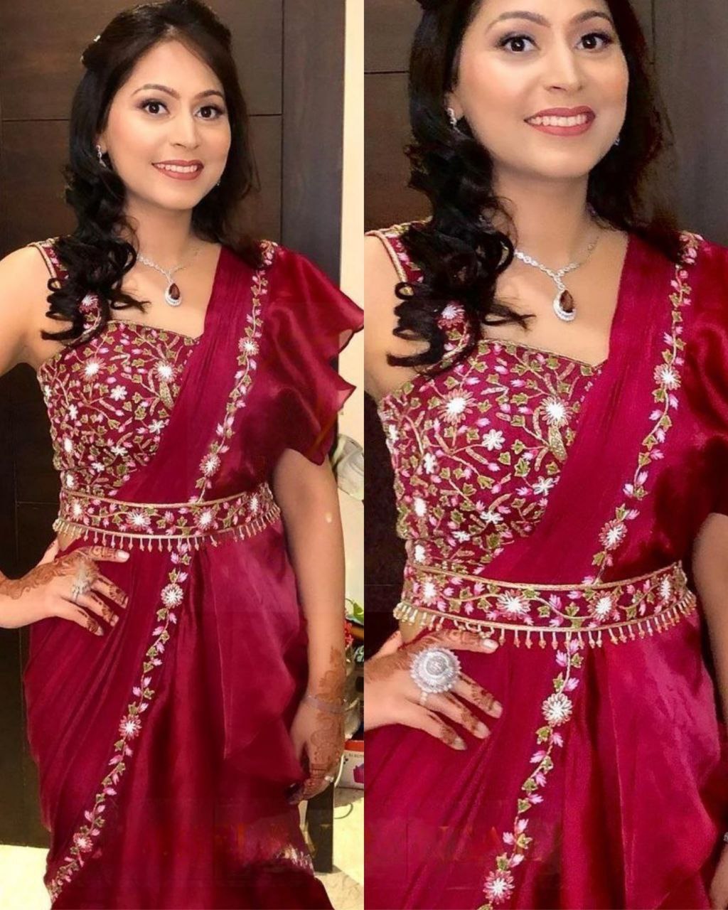 Maroon Organza Ruffle Pre-Draped Saree With Fancy Belt