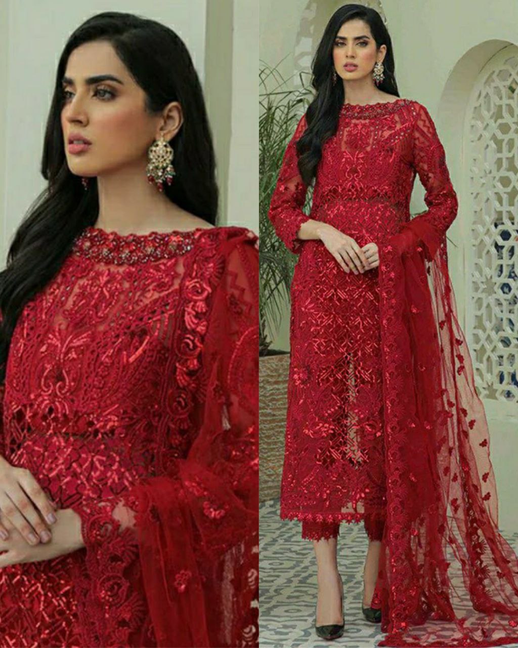 Attractive Red Net Embroidery Work Pakistani Suit With Dupatta