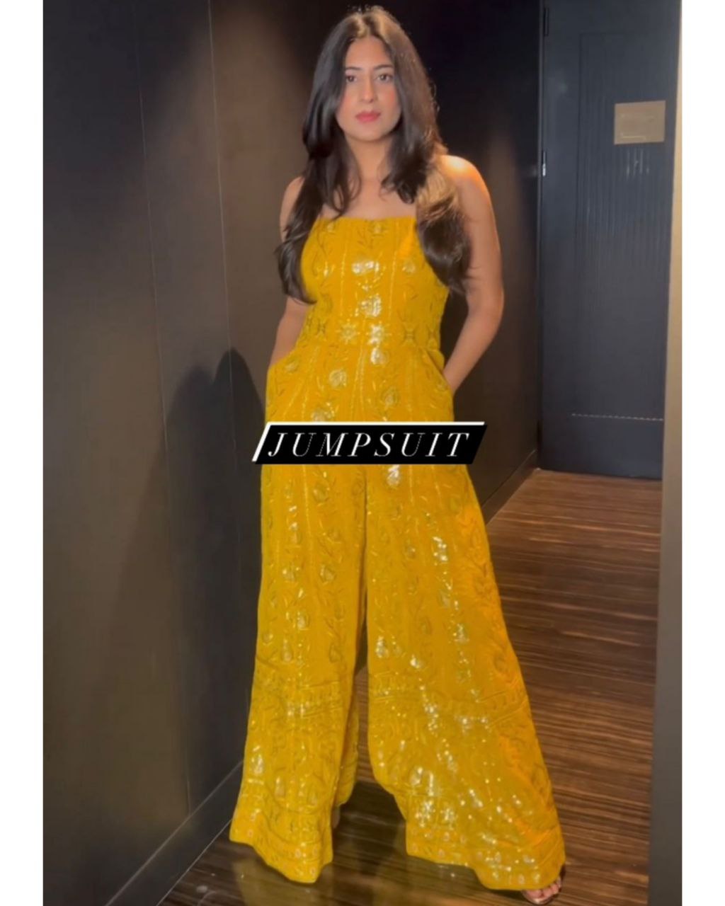 Beautiful Mustard Yellow Pure Georgette Embroidery Work Jumpsuit (LQKD1255YELLOW)