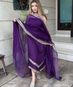 Beautiful Purple Pure Organza Emroidery Work Pant Suit With Dupatta