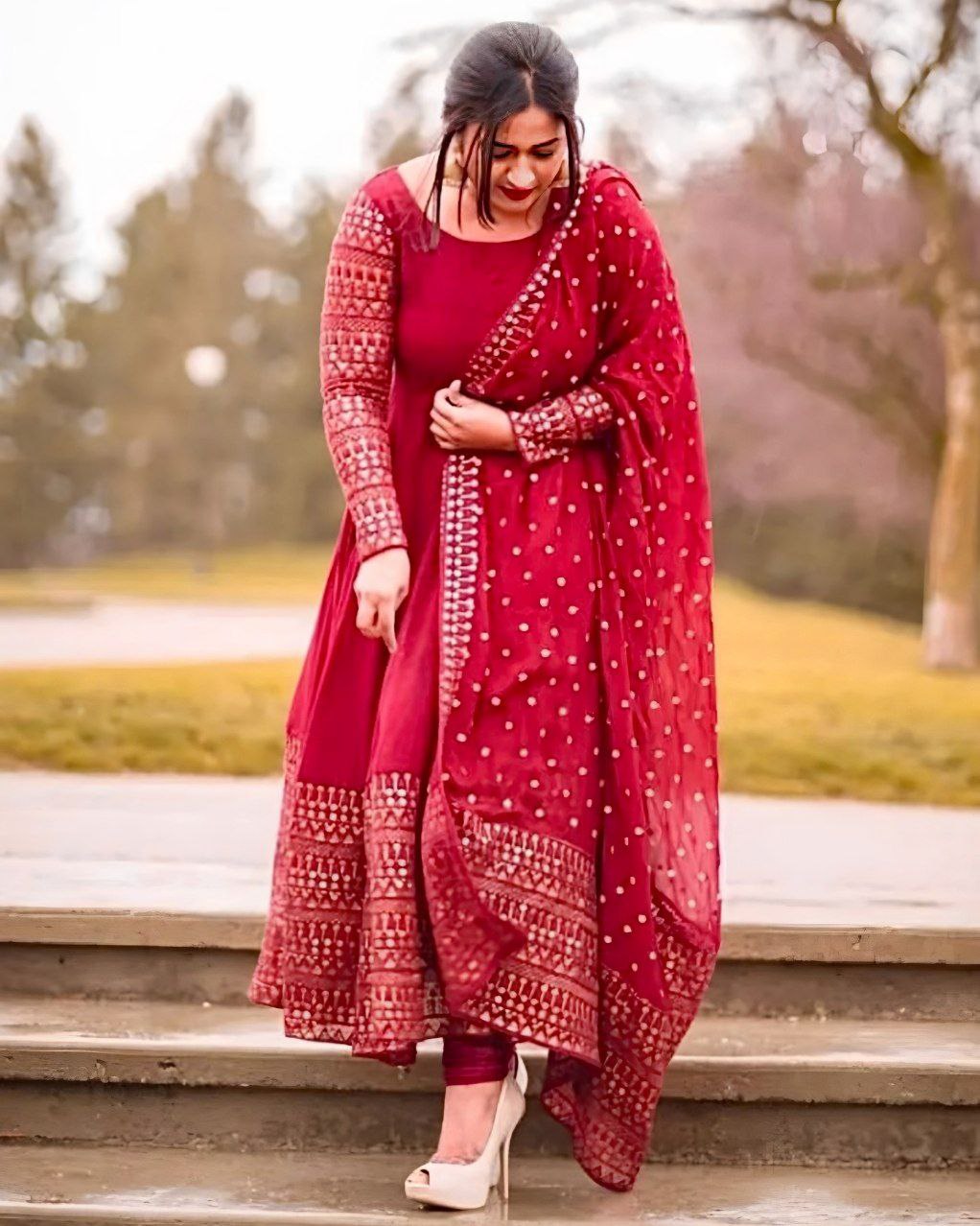 Exclusive Red Pure Georgette Embroidery Work Gown With Dupatta (LQHK1532RED)