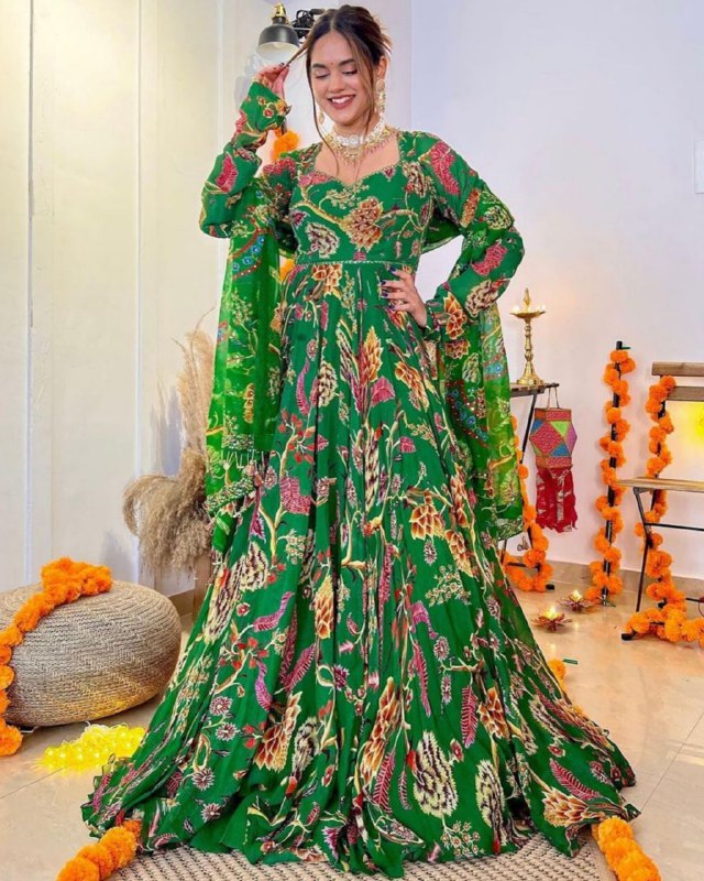 Exclusive Green Heavy Chiffon Digital Print Work Gown With Dupatta (LQMF267GREEN)