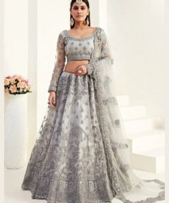 Exclusive Silver Grey Butterfly Net Heavy Emroidery Work Lehenga Choli With Dupatta