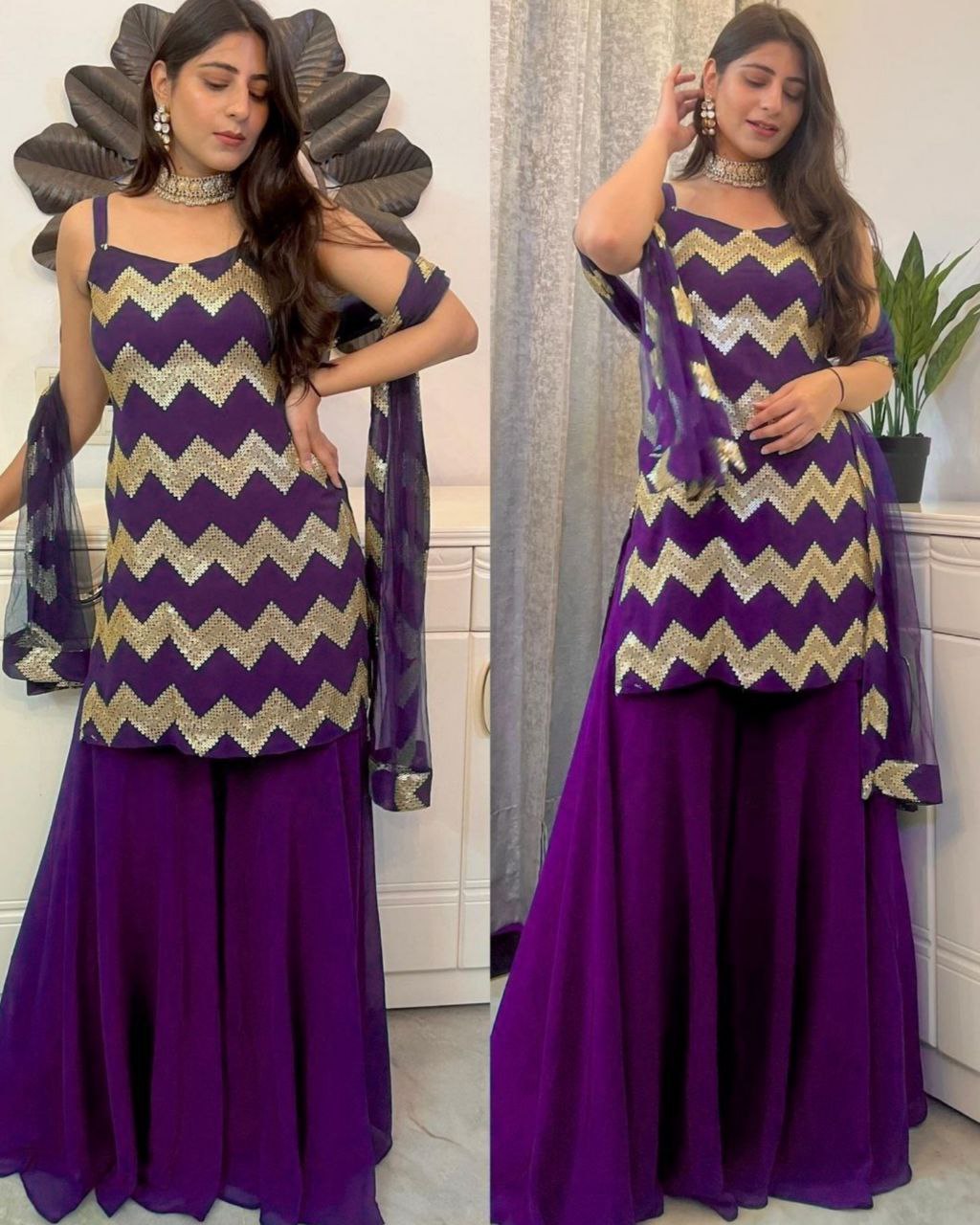 Purple Faux Georgette Fancy Sequence Work Sharara Suit