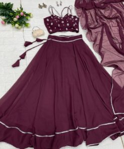 Designer Wine Georgette Lace Work Lehenga Choli With Dupatta