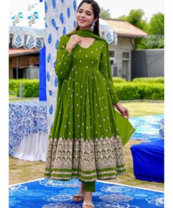 Exclusive Red & Green Faux Georgette Sequence Work Anarkali Gown With Dupatta