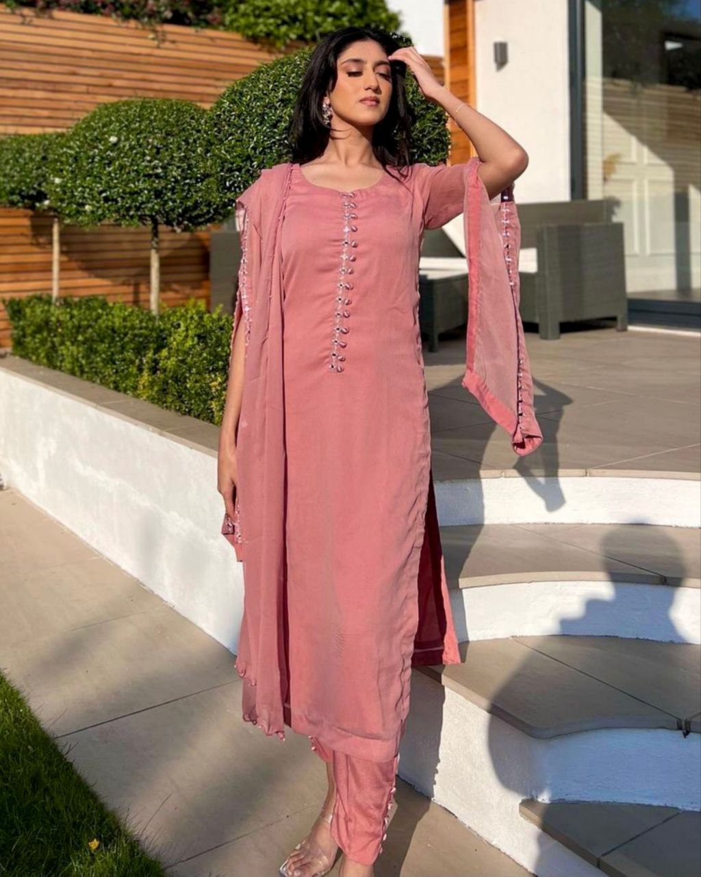 Pink Faux Georgette Potli Buttons Work Pant Suit With Dupatta