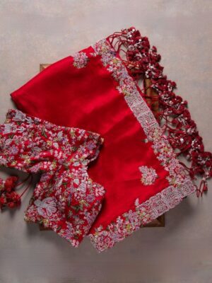 Red Rangoli Silk Heavy Embroidery Work Saree With Blouse