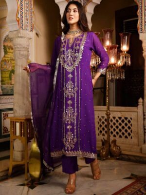 Exclusive Purple Faux Georgette Embroidery Work Pant Suit With Dupatta