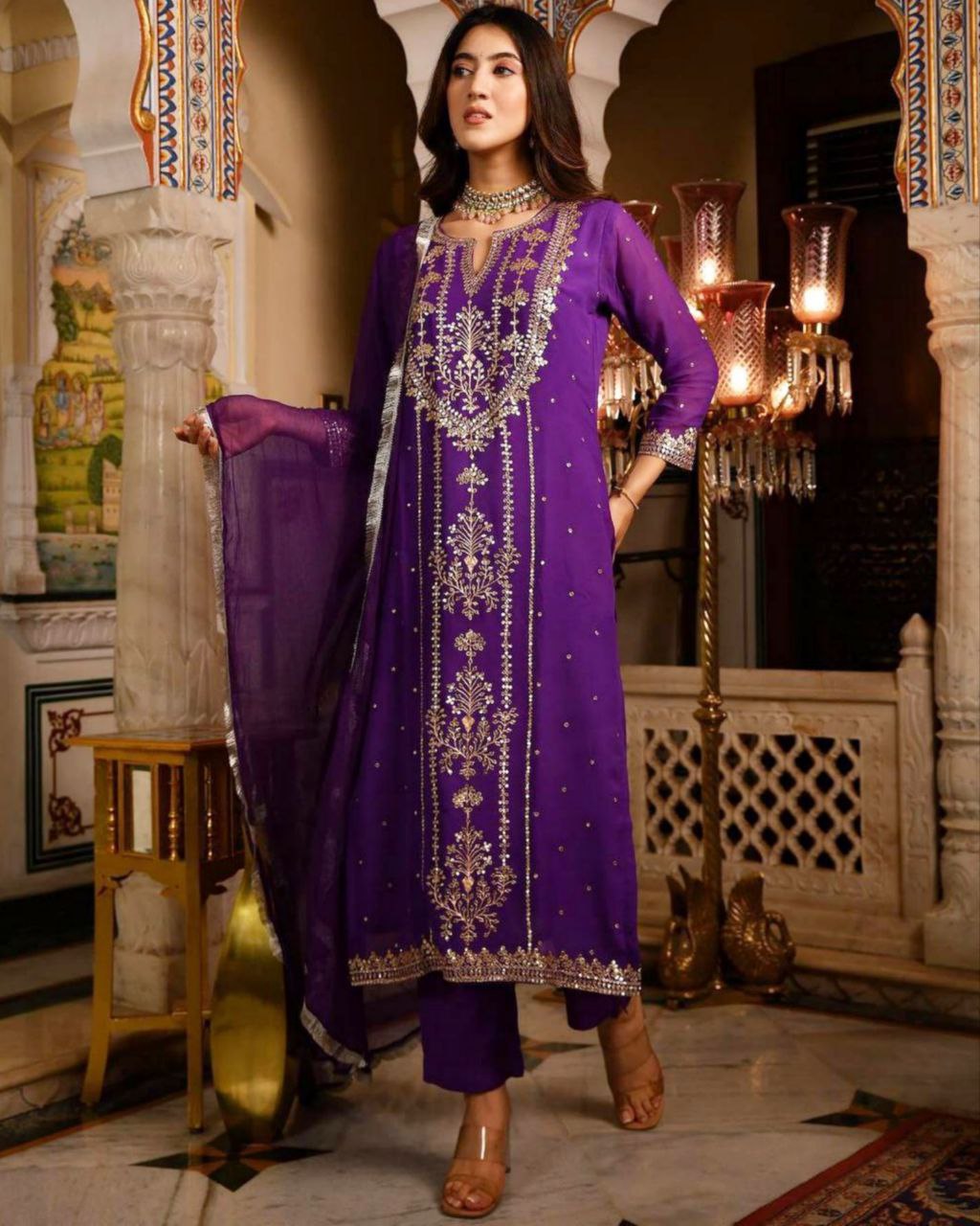 Exclusive Purple Faux Georgette Embroidery Work Pant Suit With Dupatta (LQBE150PURPLE)