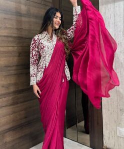 Ready To Wear Rose Red Apple Rangoli Embroidery Work Saree With Koti Blouse