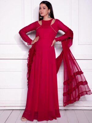 Beautiful Rose Red Faux Georgette Ruffle Work Gown With Drapped Dupatta