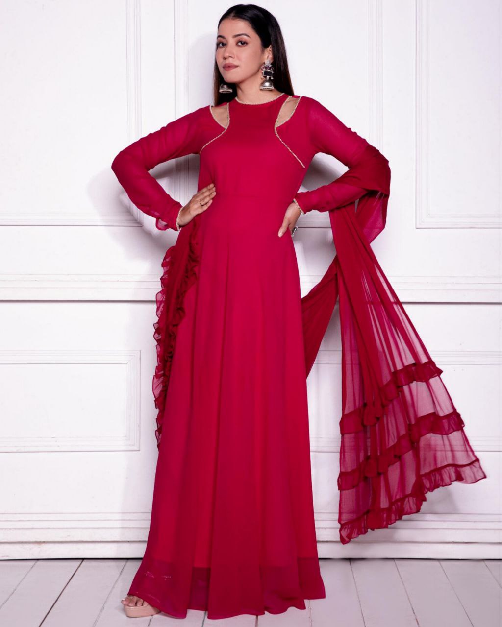 Beautiful Rose Red Faux Georgette Ruffle Work Gown With Drapped Dupatta (LQKD1350)