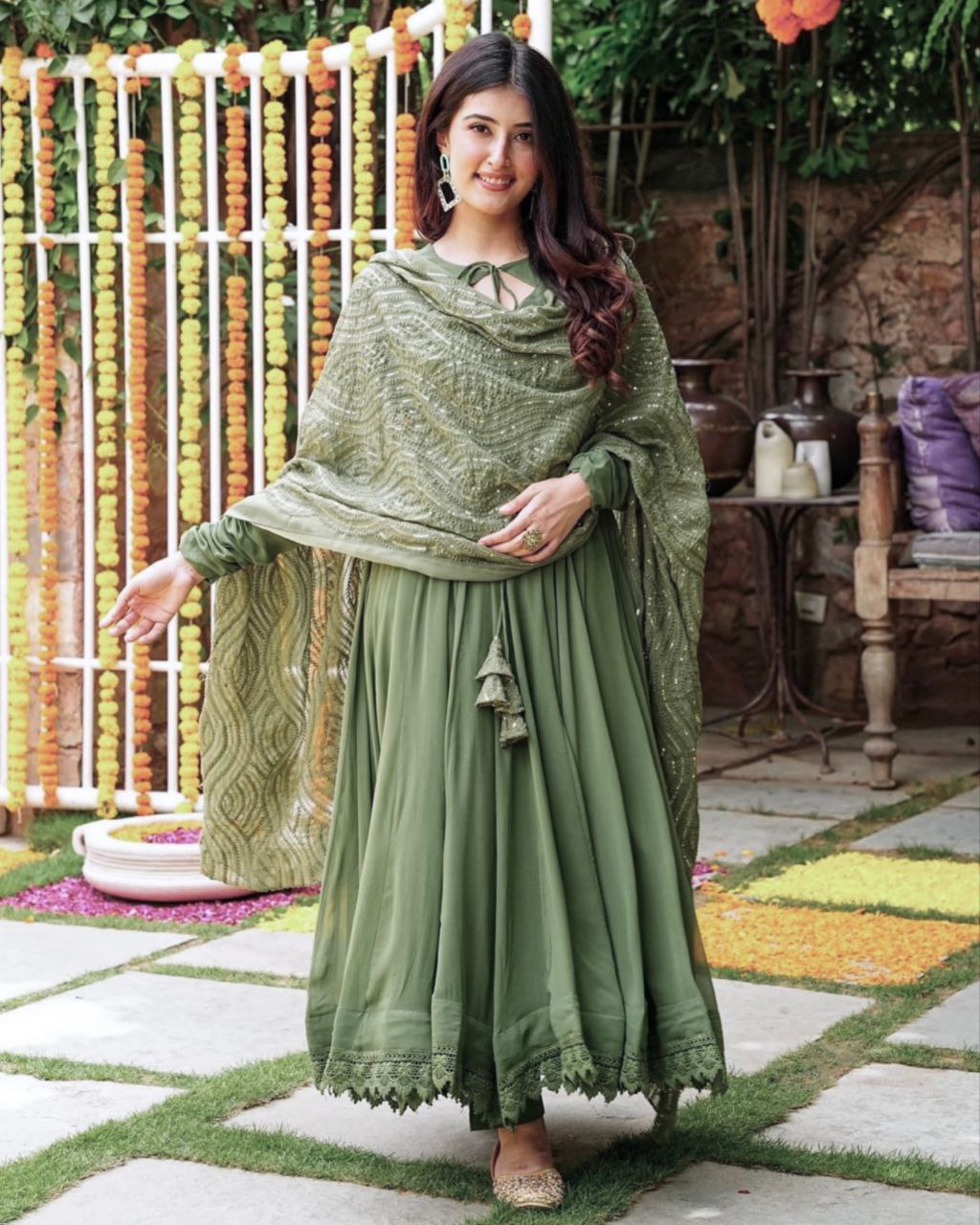 Casual Mehendi Green Heavy Georgette Embroidery Work Anarkali Suit With Dupatta (LQSRK5066GREEN)