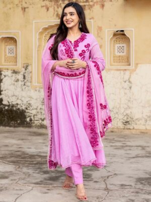Exclusive Pink Faux Georgette Embroidery Work Anarkali Suit With Dupatta