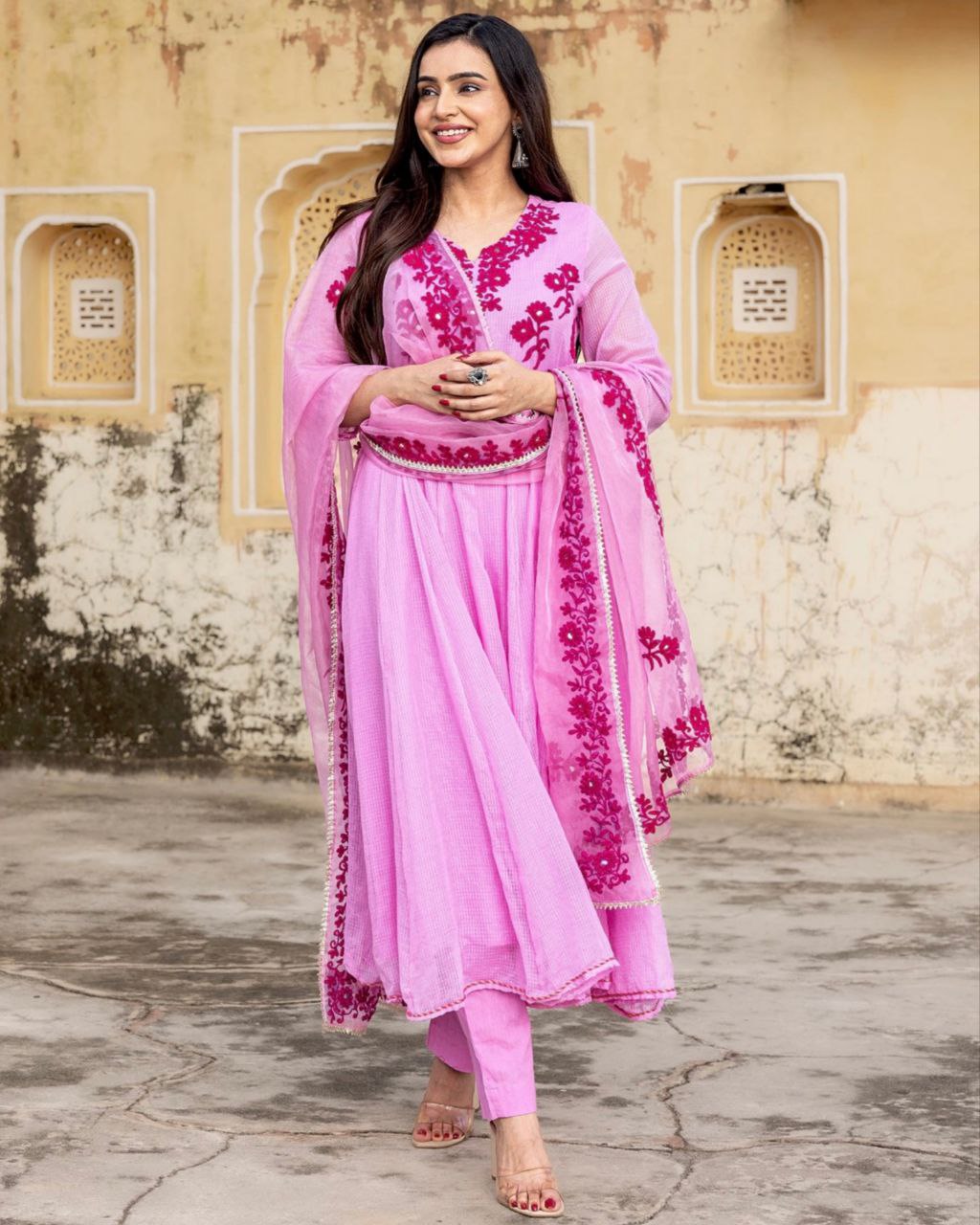 Exclusive Pink Faux Georgette Embroidery Work Anarkali Suit With Dupatta (LQSRK5068PINK)
