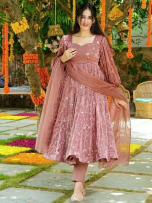 Exclusive Nude Faux Georgette Sequence Work Anarkali Suit With Dupatta