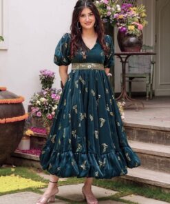 Exclusive Rama Green Jimmy Silk Sequence Work Anarkali Suit With Dupatta