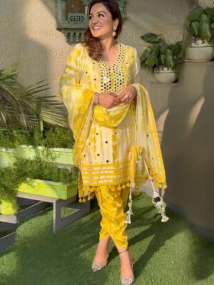 Beautiful Yellow French Crape Paper Mirror Work Dhoti Salwar Suit With Dupatta