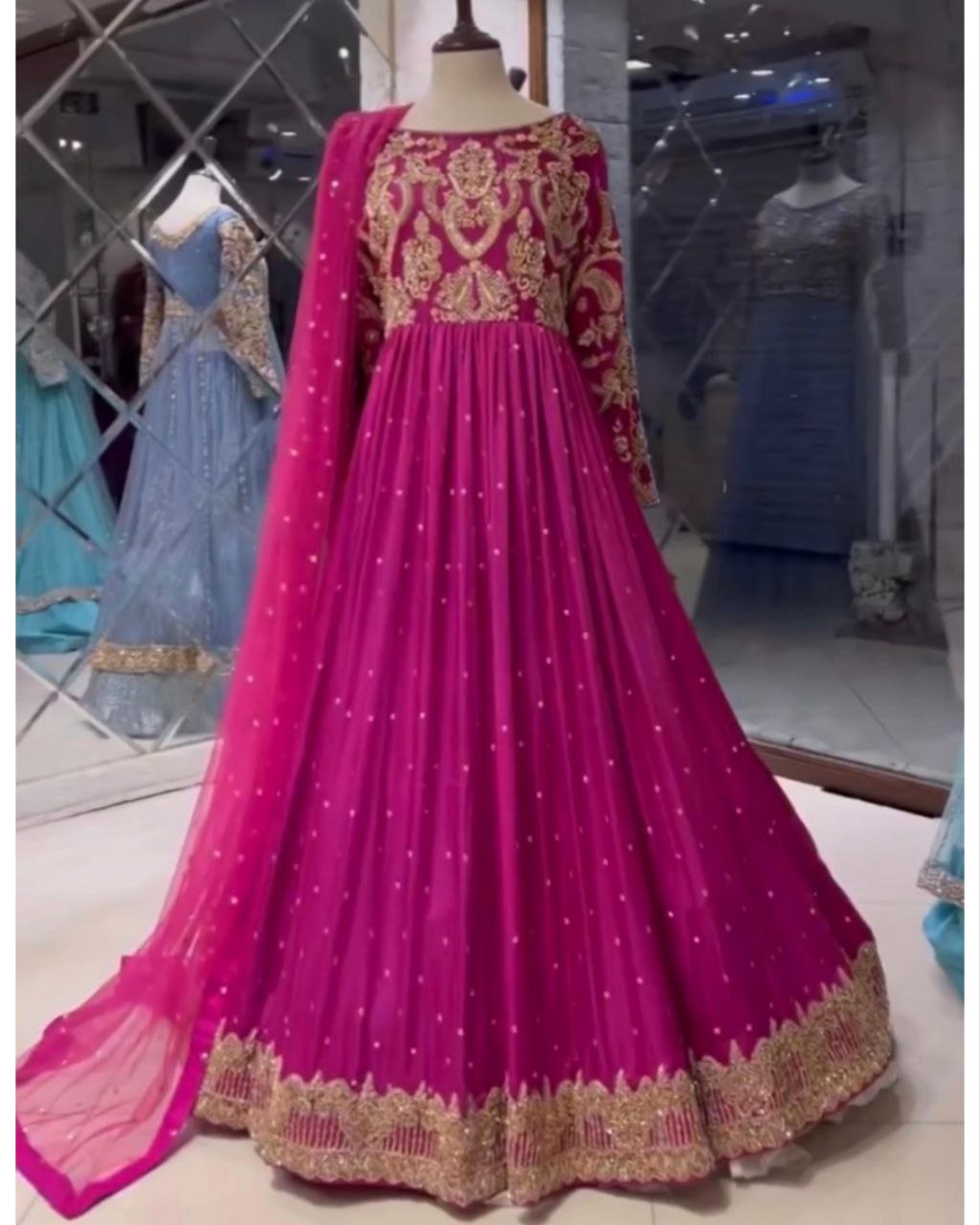 Exclusive Rani Pink Heavy Georgette Sequence Work Gown With Dupatta (LQSSR421)