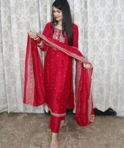 Karwa Special Red Mastani Silk Sequence Work Pant Suit With Dupatta