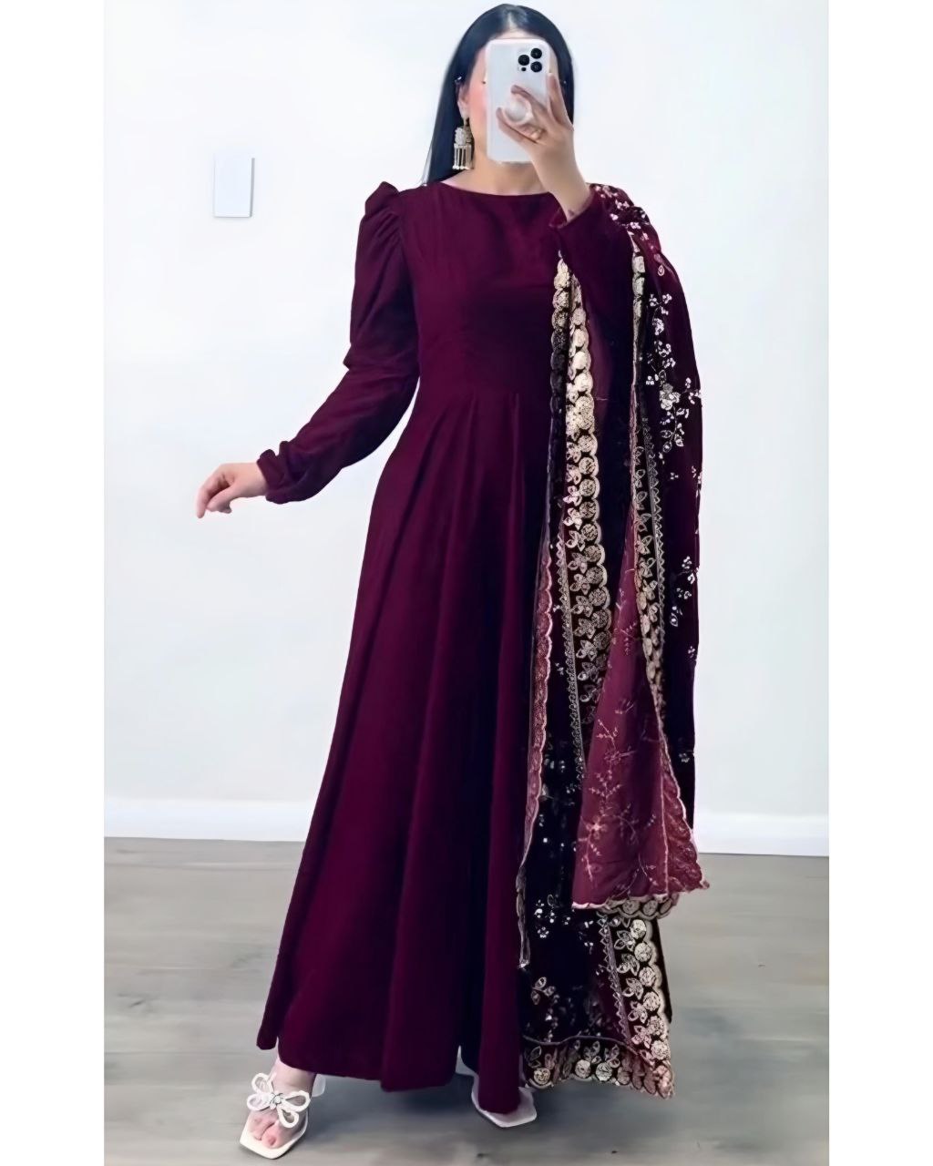 Maroon Micro Velvet Sequence Work Anarkali Suit With Dupatta