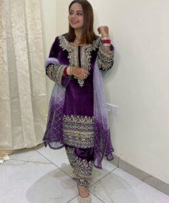 Casual Purple Micro Velvet Embroidery Work Pakistani Pant Suit With Dupatta