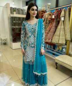 Exclusive Sky Pure Georgette Fancy Embroidery Work Palazo Suit With Dupatta