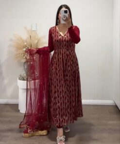 Gorgeous Red Pure Georgette Sequence Work Anarkali Suit With Dupatta