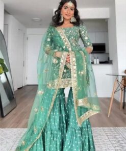 Exclusive Pista Green Satin Sequence Work Gharara Suit With Dupatta