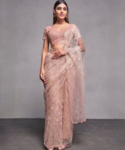 Exclusive Nude Peach Heavy Mono Net Sequence Work Saree With Blouse