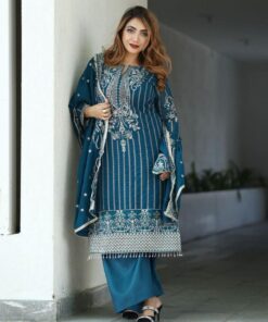 Exclusive Teal Blue Chinon Silk Sequence Work Pakistani Suit With Dupatta