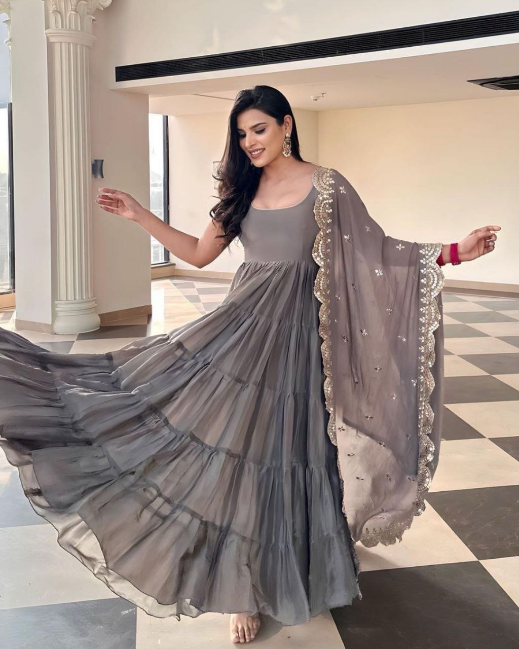 Ready To Wear Grey Heavy Georgette Ruffle Flair Anarkali Gown With Dupatta