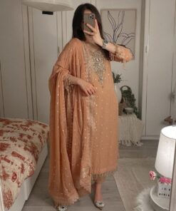 Exclusive Salmon Peach Pure Georgette Sequence Work Pakistani Suit With Dupatta
