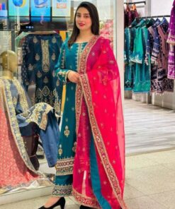 Exclusive Firozi Pure Georgette Embroidery Work Pakistani Suit With Pink Dupatta